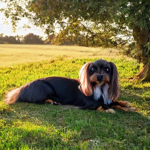 Prompt: a cute mutt who is half long haired dachshund and half shih tzu, laying under a tree on a farm, golden hour, promised land