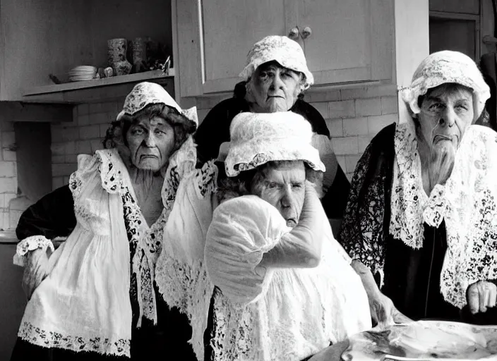 Prompt: close up of three old women from brittany with hats in white lace and dark folk costumes in a kitchen. they look visibly angry