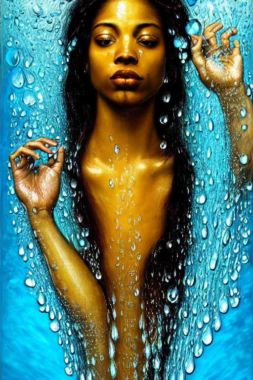 Image similar to hyperrealistic precisionist cinematic profile very expressive! oshun goddess, in water! john everett millais, mirror dripping droplet!, gold flowers, highly detailed face, digital art masterpiece, smooth eric zener cam de leon, dramatic pearlescent turquoise light on one side, low angle uhd 8 k, shallow depth of field