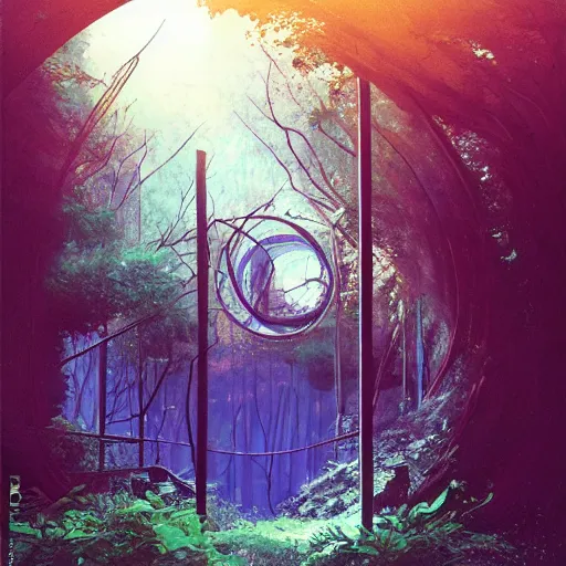 Image similar to derelict portal in a middle of a futuristic forest, world seen only through a portal, daylight, cinematic lighting, blue sky, syd mead, john harris