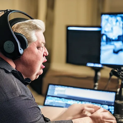 Image similar to obese David Lynch wearing a headset yelling at his monitor while playing WoW highly detailed wide angle lens 10:9 aspect ration award winning photography erasure head