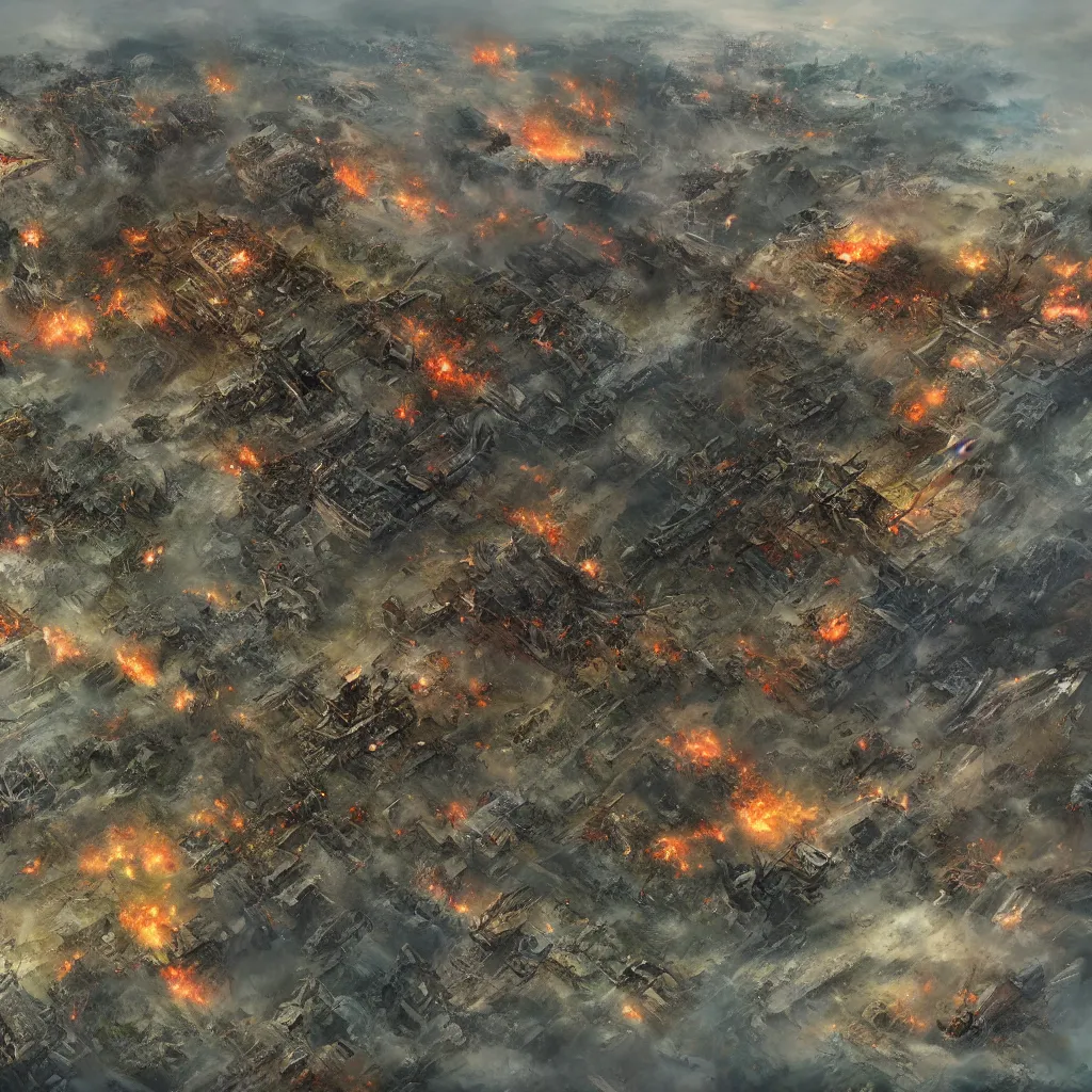 Image similar to aerial view of the destroyed battlefield, fantasy setting, artstation, digital art