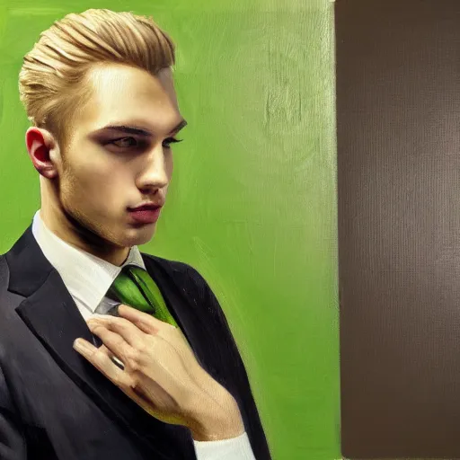 Image similar to A beautiful painting of a young man, blonde, wearing a suit, oil painting, green eyes, gloomy lighting, hyper detailed, trending on artstation