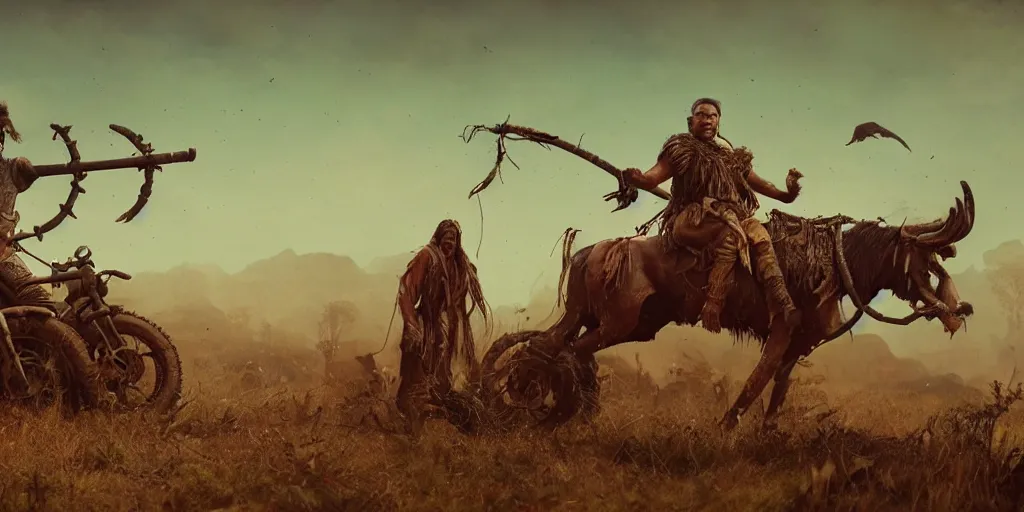 Image similar to an ancient tribesman on ancient motorcycles with perfect wheels, hunting buffalo ,chase, action scene, an epic fantasy, dramatic lighting, cinematic, establishing shot, extremely high detail, photorealistic, cinematic lighting, artstation, octane render, by simon stalenhag, horizon forbidden west,old photo, vintage