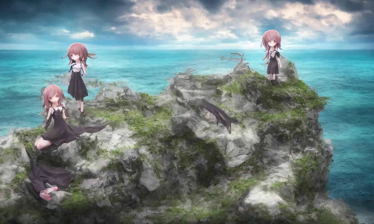 Prompt: cute fumo plush girl enigmatic gothic maiden anime girl on an abandoned island surrounded by the sea, marine seascape, vignette, vray