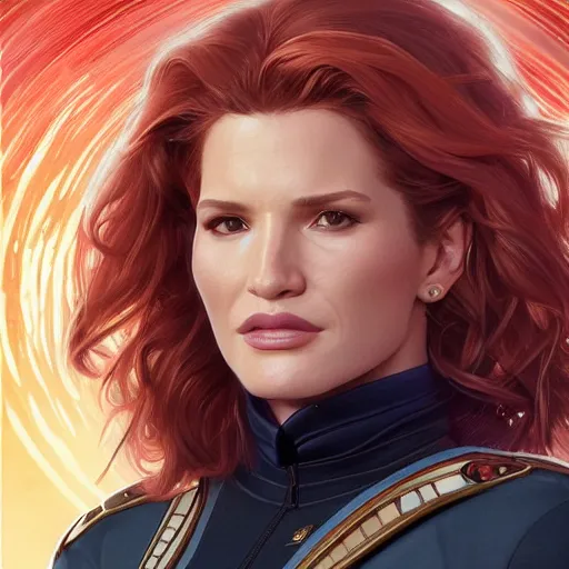 Image similar to ultra realistic illustration, bella thorne as captain janeway, intricate, elegant, highly detailed, digital painting, artstation, concept art, smooth, sharp focus, illustration, art by artgerm and greg rutkowski and alphonse mucha