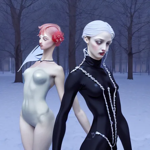 Image similar to 3 Figures as Winter Spirits, style is a blend of Æon Flux, Botticelli, and John Singer Sargent, inspired by pre-raphaelite paintings, shoujo manga, and Japanese city street fashion, dark and moody colors, hyper detailed, super fine inking lines, 4K extremely photorealistic, unreal engine 5, Arnold render