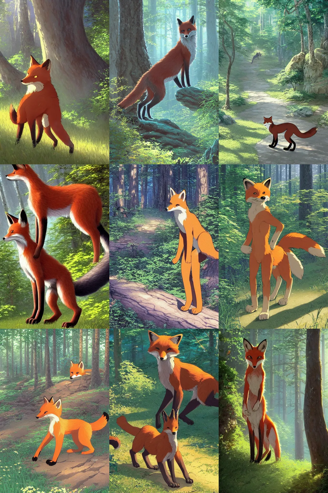 Prompt: anthro!!!! digitigrade!!!! natural!!!! - colored!!!! fox!!!! person!!!! with black paws and long tail, walking upright in a forest, ( ( thomas kinkade ) ), ( ( makoto shinkai ) )