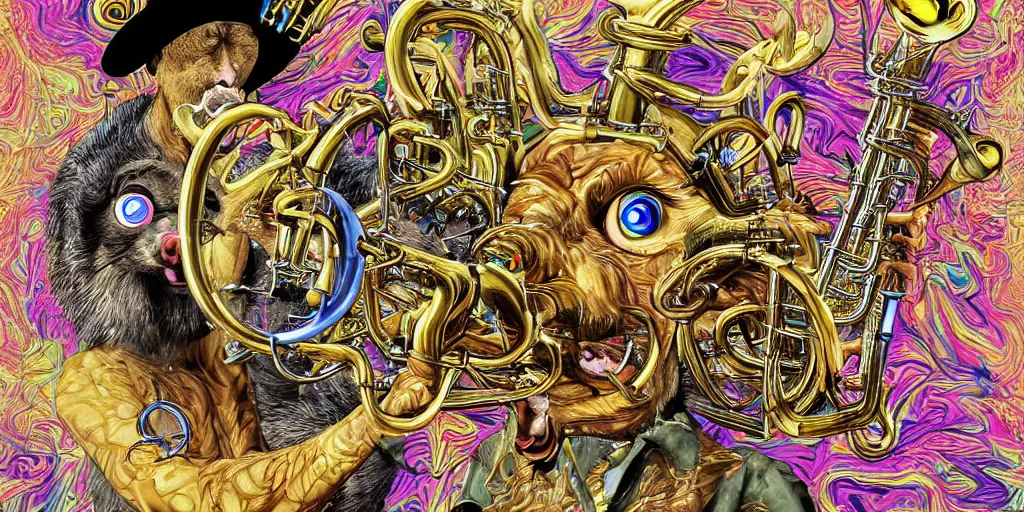 Image similar to highly detailed digital artwork of a dingo - man dingo man dingoman chimera with a salvador dali mustache. he is playing the psychedelic trumpet electronic trumpet.