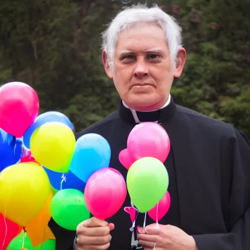 Image similar to a priest holding many balloons