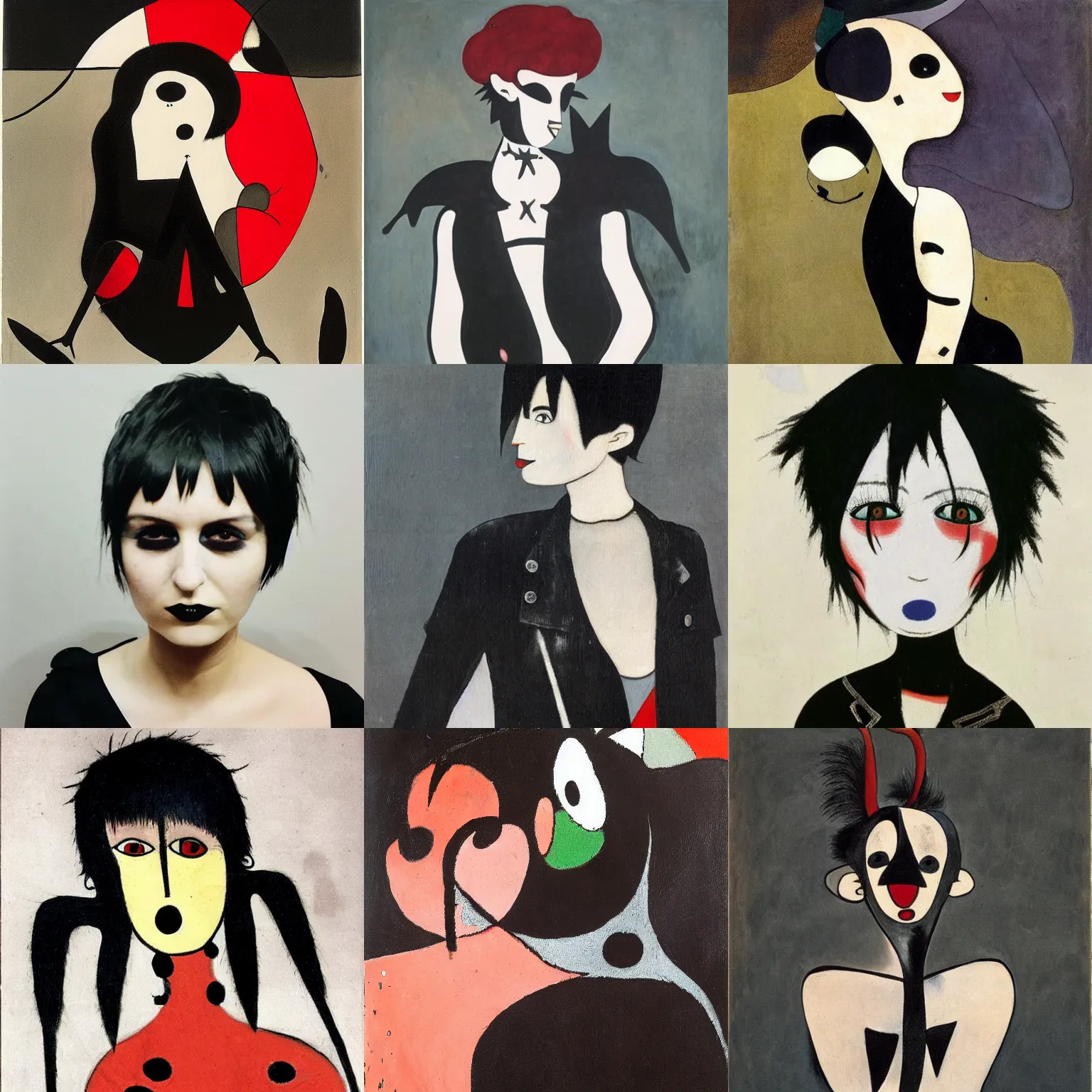 Prompt: A goth painted by Joan Miro. Her hair is dark brown and cut into a short, messy pixie cut. She has a slightly rounded face, with a pointed chin, large entirely-black eyes, and a small nose. She is wearing a black tank top, a black leather jacket, a black knee-length skirt, a black choker, and black leather boots.
