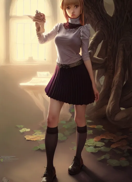 Image similar to portrait of a full body of beautiful young female detective, d & d, sleeveless turtleneck, pleated skirt, fantasy, flat lighting, intricate, highly detailed, digital painting, artstation, concept art, smooth, sharp focus, illustration, misa amane, art by simon bisley and greg rutkowski and alphonse mucha, natural tpose
