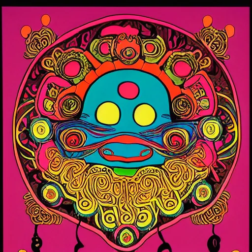 Image similar to Fillmore concert poster for The Bozone April 20, 1969 by Victor Moscoso and S. Clay Wilson, psychedelic, intricate paisley filigree Bozo the clown. red clown nose, mandala, day-glo colors, flowing lettering