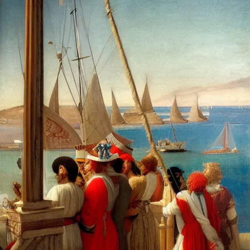 Prompt: A hundred people with jester hat and clothes on a greek circle archi on the front of a Balustrade with a beach and a sail boat on the background, major arcana cards, by paul delaroche and arnold böcklin hyperrealistic 8k, very detailed