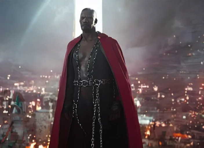 Image similar to film still of jamie foxx as spawn in the new spawn movie, giant chains, large cape, 8 k