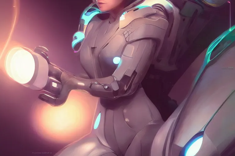 Prompt: Semi Realism Portrait girl in a futuristic spacesuit, atmospheric, volumetric lighting, glowing lights, 4k, octane renderer, digital painting, artstation, concept art, sharp focus, illustration, art by artgerm and greg rutkowski and alphonse mucha, )))))), pastel palette, daily deviation