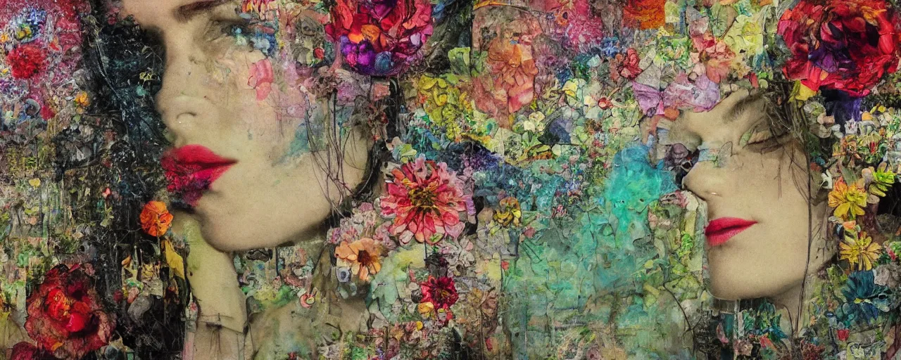 Prompt: dreaming of you in a flower pond detailed and highly reliefed analogue mixed media collage with canvas texture in style of conteporary art, punk art, photorealistic, expressionism, masterpiece, perfect composition, photorealistic beautiful face, spectacular quality, intricate oil details