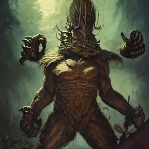 Prompt: head and shoulders ( ( ( vogue fashion photo portrait ) ) ) of a bugbear, d & d, fantasy, greg rutkowski, frank frazetta, alexandre chaudret, boris vallejo, michael whelan, miro petrov, hr giger, magali villeneuve, donato giancola