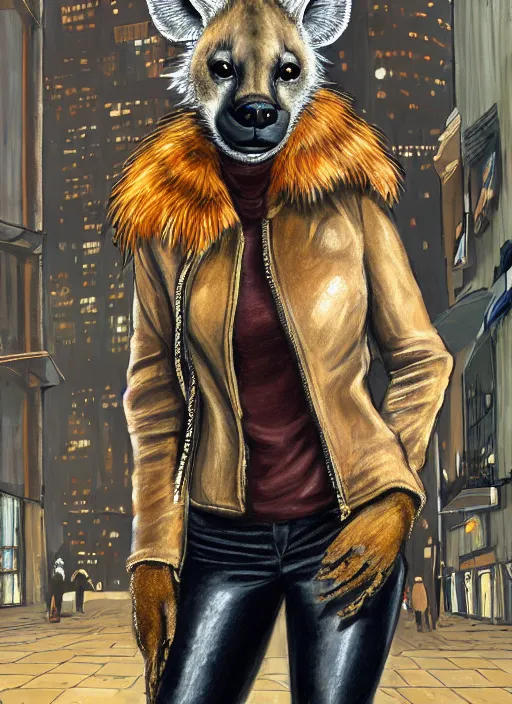 Image similar to award winning beautiful portrait commission of a female furry anthro hyena fursona with a bushy tail and a leather jacket, detailed background, urban streets, artificial lighting, cute, beautiful, attractive, detailed,