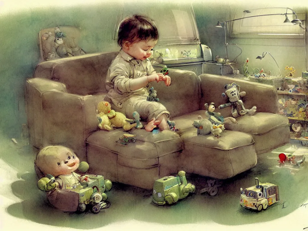 Image similar to toddler ( ( ( ( ( 1 9 5 0 retro future living room. muted colors. toys laying around ) ) ) ) ) by jean baptiste monge, chrome green