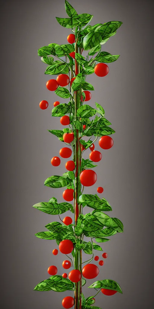 Image similar to highly detailed 3 d render of a tall slender intricate tree with leaves that look like pizza toppings, tomato, mozzarella, basil, hyper realistic octane render, cinematic lighting, deviantart, lowbrow, surrealism, pixar still