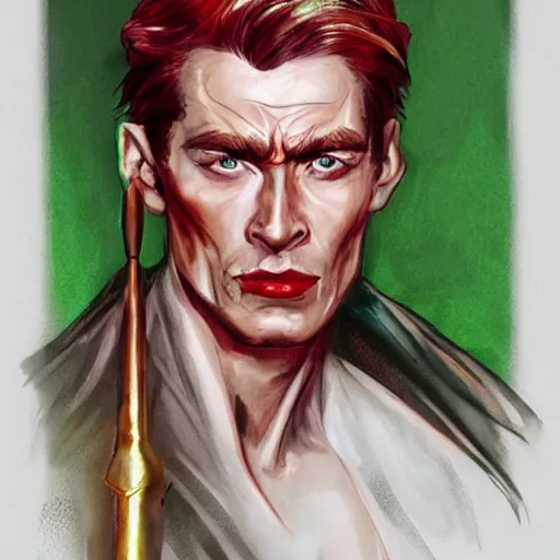 Image similar to peter o'toole, messy green hair, white face, red lips, portrait, realistic, concept art, lee bermejo, influenced by lawrence of arabia