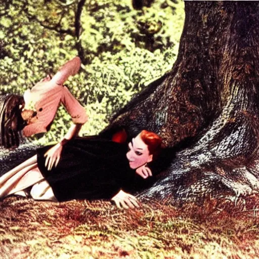 Prompt: 1 9 3 9 technicolor movie still of vampire under a big tree in the sunset, biting scarlet o'hara's neck as she swoons. he is wearing a black cape with a high collar and he is pale.