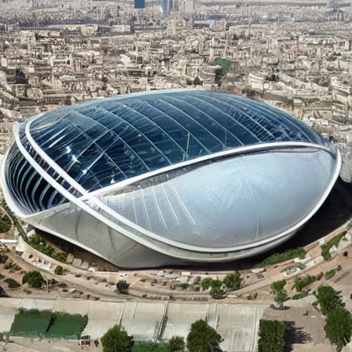 Prompt: Baghdad national stadium, iron and glass detailed, by zaha Hadid, inside green park,