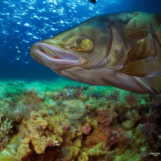 Image similar to incredibly detailed atlantic cod, wide angle shot, backlit, very realistic, underwater, beautiful photo, national geographical, underwater photography, canon 5 d,