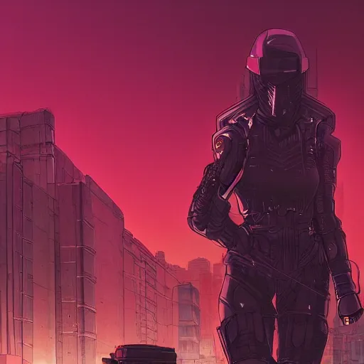 Image similar to cybertronic warrior princess with black armor walking through the streets of a dystopion city by night, cyberpunk, moebius, Jean Giraud, landscape, epic, artstation, dusk