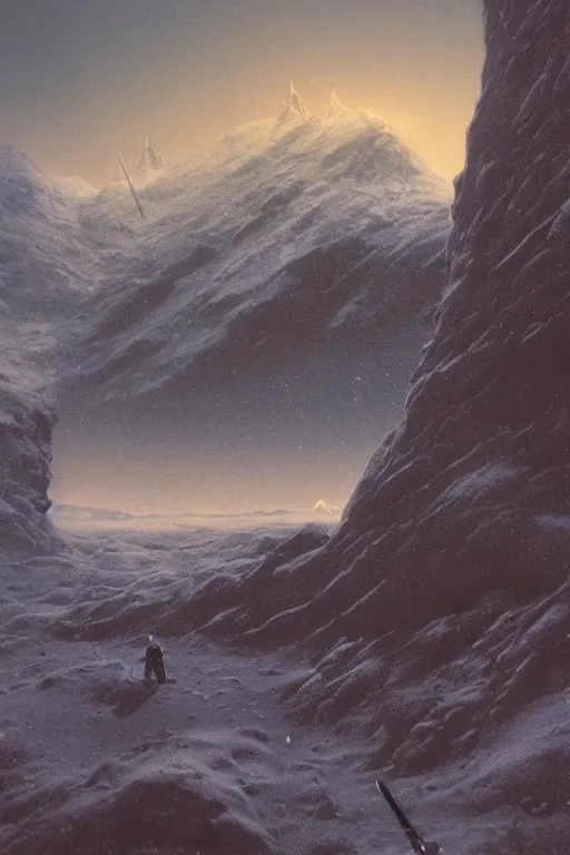 Image similar to emissary space by arthur haas and bruce pennington and john schoenherr, cinematic matte painting, photo realism, dark color palate, snow mountainscape