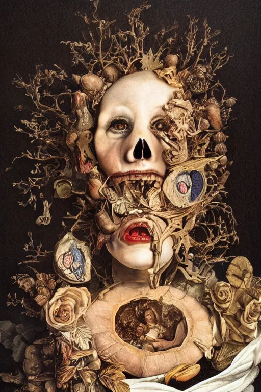 Prompt: Detailed maximalist portrait with large lips and with large wide eyes, surprised expression, surreal extra flesh and bones, HD mixed media, 3D collage, highly detailed and intricate, illustration in the golden ratio, in the style of Caravaggio, dark art, baroque