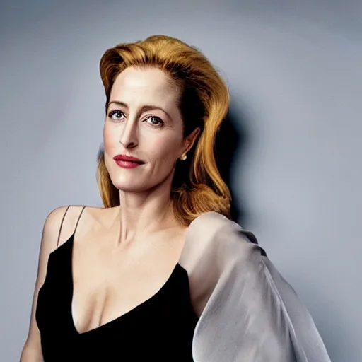 Prompt: photo of a gorgeous Gillian Anderson wearing a 2020s hat by Mario Testino, detailed, head shot, award winning, Sony a7R