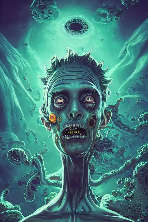 Prompt: rick and morty fused with a lovecraft space astronaut zombie, photo, portrait, 3d, high details, intricate details, by vincent di fate, artgerm julie bell beeple, 90s, Smooth gradients, octane render, 8k, volumetric lightning, High contrast, duo tone, depth of field, very coherent symmetrical artwork