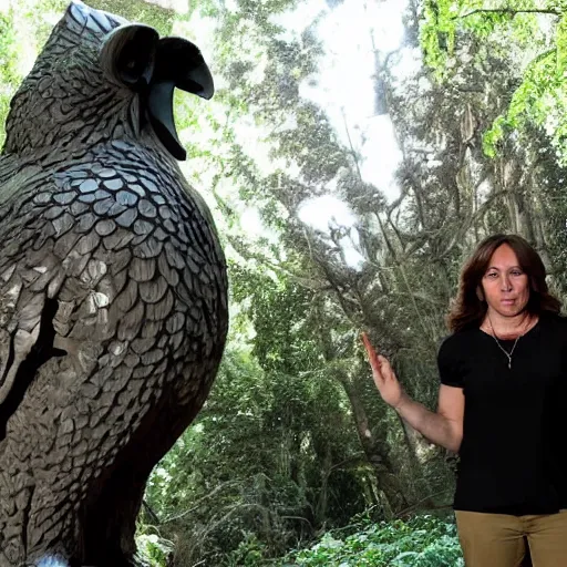 Image similar to alex jones at the bohemian grove. giant owl statue.