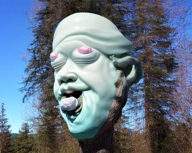 Prompt: a massive porcelain sculpture on a mountain lake of bob ross's face spewing a little happy tree from his mouth, in the style of johnson tsang, funny sculpture, lucid dream series, oil on canvas