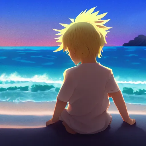 Image similar to beautiful, detailed digital painting of a blond-haired child sitting on the beach looking at the sunset, anime by Makoto Shinkai, sand, waves, trending on artstation