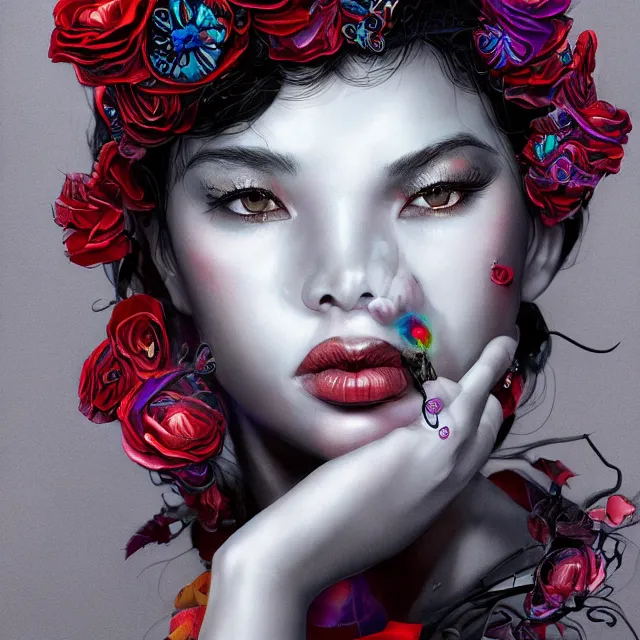 Image similar to studio portrait absurdly beautiful, elegant, lovely, young hypercolorful sensual black model rubies red petals gems, ultrafine hyperrealistic detailed face illustration by kim jung gi, irakli nadar, intricate linework, sharp focus, bright colors, matte, octopath traveler, final fantasy, unreal engine highly rendered, global illumination, radiant light, intricate rainbow environment