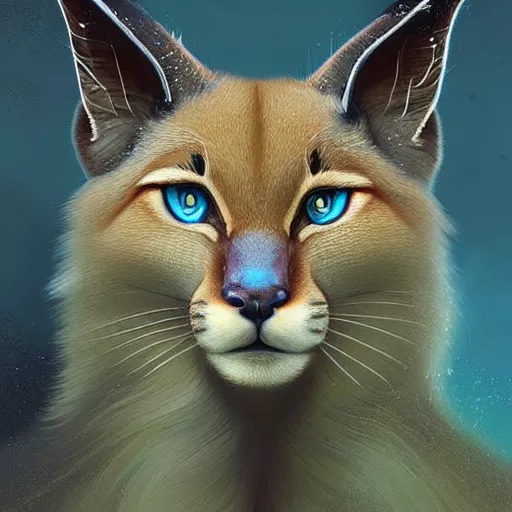 Image similar to portrait of a beautiful cute caracal with glowing blue eyes, dressed in a green top, flowing white hair, detailed face, fantasy, highly detailed, cinematic lighting, digital art painting by greg rutkowski, trending on artstation, very very beautiful, very attractive