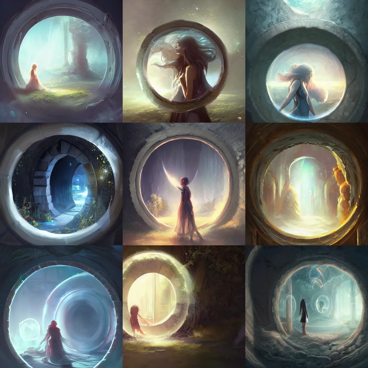 Prompt: wall with a circular magic portal to another world. framed, ethereal, rich estate, fantasy, smooth, sharp focus, high detailed digital art trending in artstation. artist wlop