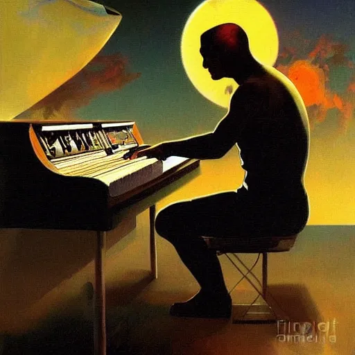 Image similar to astronaut playing keyboard by frank frazetta, digital painting, digital art