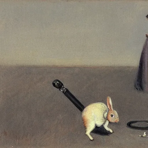 Prompt: a rabbit using a metal detector, in the style of ilya repin