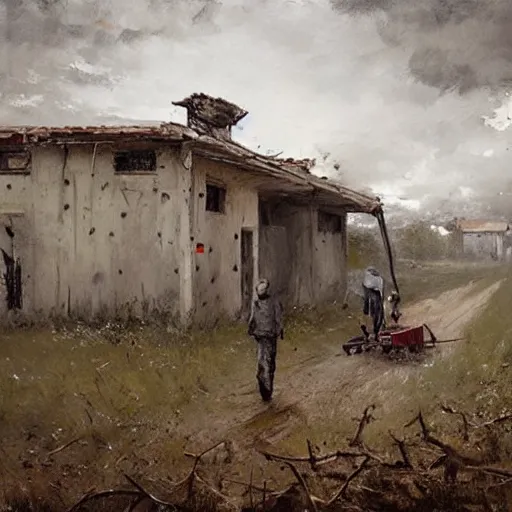 Image similar to painting by jakub rozalski of a person walking with a wheelbarrow in an abandoned post soviet town infested with root monsters