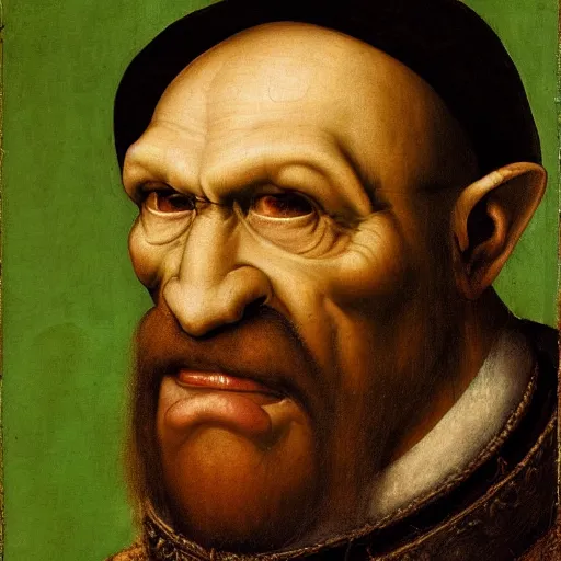 Prompt: detailed renaissance portrait painting of gentleman orc with green skin wearing brown expensive costume