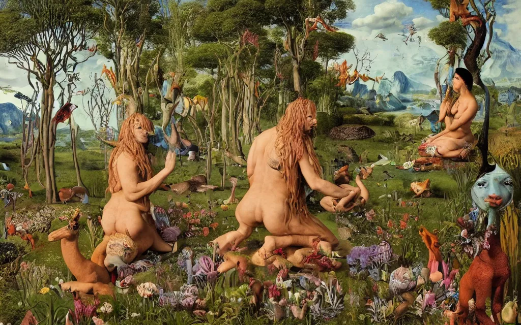 Image similar to photograph of a meditating centaur shaman and a mermaid feeding animals. surrounded by bulbous flowers, animals and a few trees. river delta with dry rocky mountains under a blue sky full of burning stars. painted by jan van eyck, max ernst, ernst haeckel, ernst fuchs and artgerm. trending on artstation, treding on cgsociety