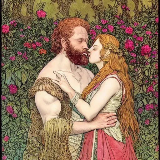 Image similar to a white skinned red bearded viking and a beautiful brown skinned indian princess kiss in a field of peonies, masterpiece, highly detailed, art by rebecca guay