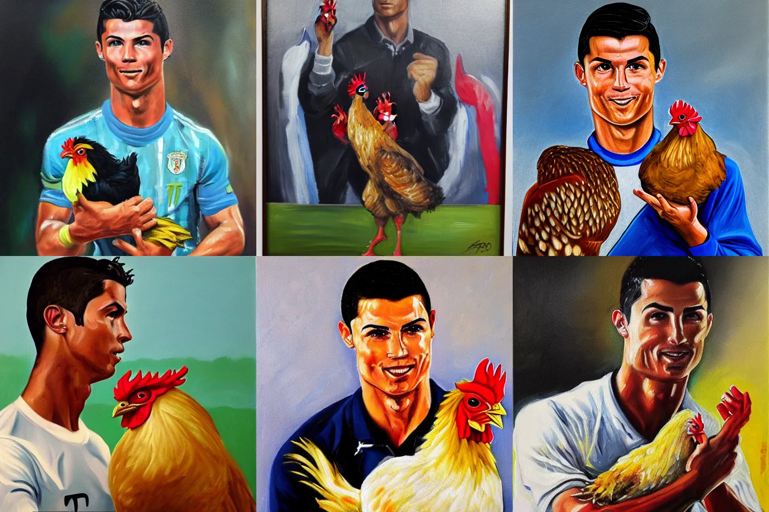 Prompt: Cristiano ronaldo holding a chicken, oil painting from the 1980s