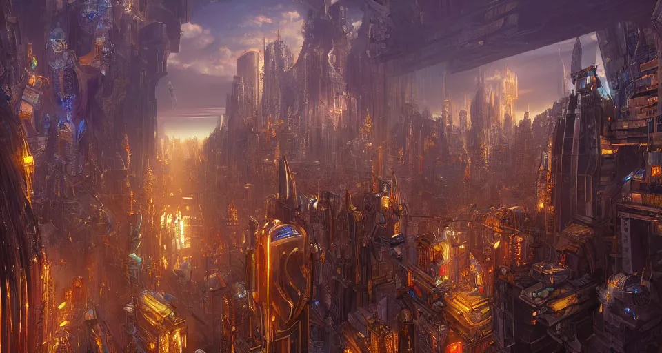 Image similar to golden prism biblically-accurate seraphim flying over a cyberpunk metropolis by Justin Gerard, Stephan Martiniere, and Quentin Mabille, detailed, dusk, intricate shading, volumetric lighting, artstation, 4k