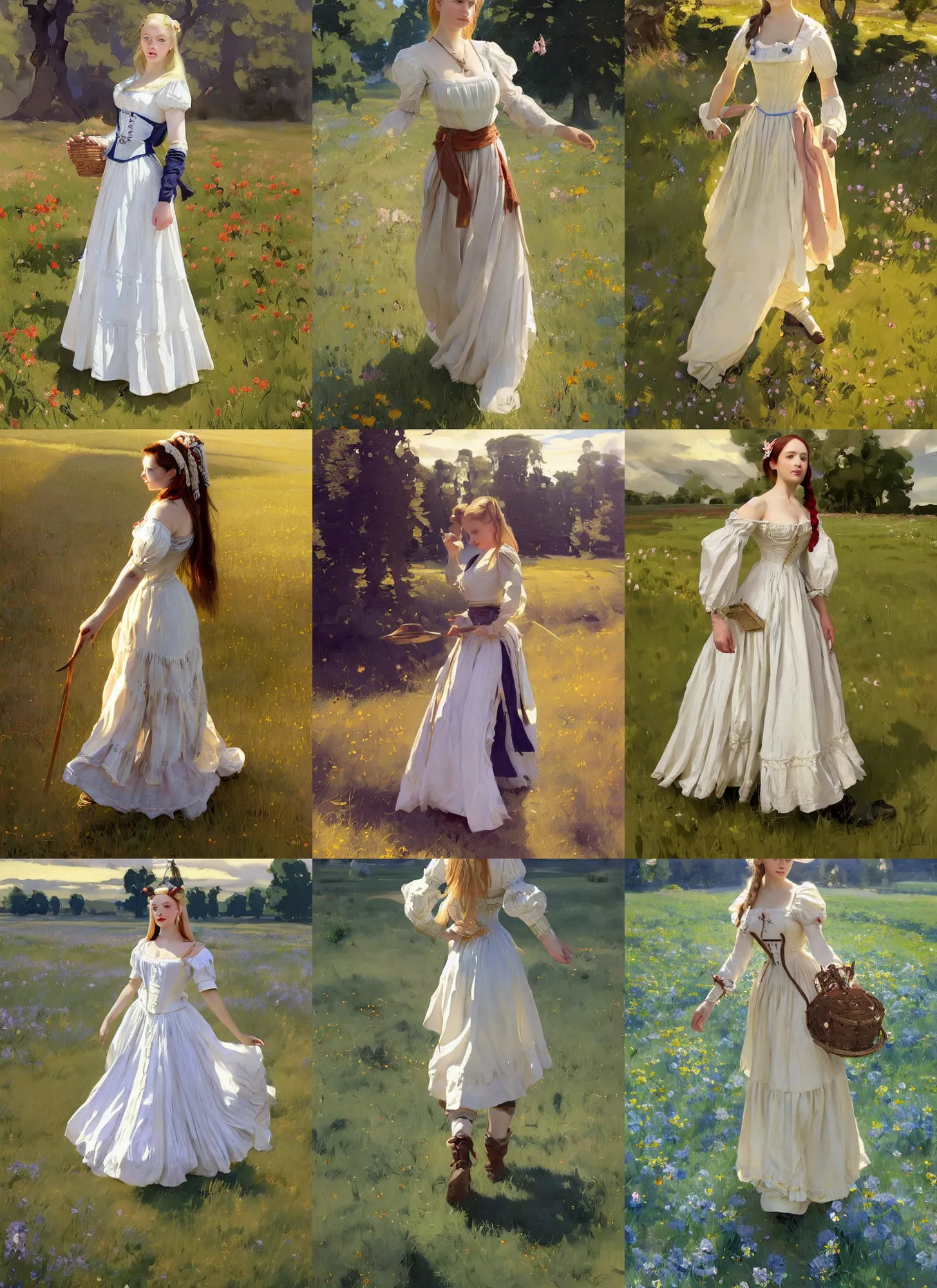 Prompt: attractive belarusian ukrainian finnish scandinavian village maiden wearing 1 7 th century bodice walking in the field in a sunny day, jodhpurs greg manchess painting by sargent and leyendecker, studio ghibli, fantasy, medium shot, asymmetrical, intricate, elegant, matte painting, illustration, hearthstone, by greg rutkowski, by greg tocchini, by james gilleard