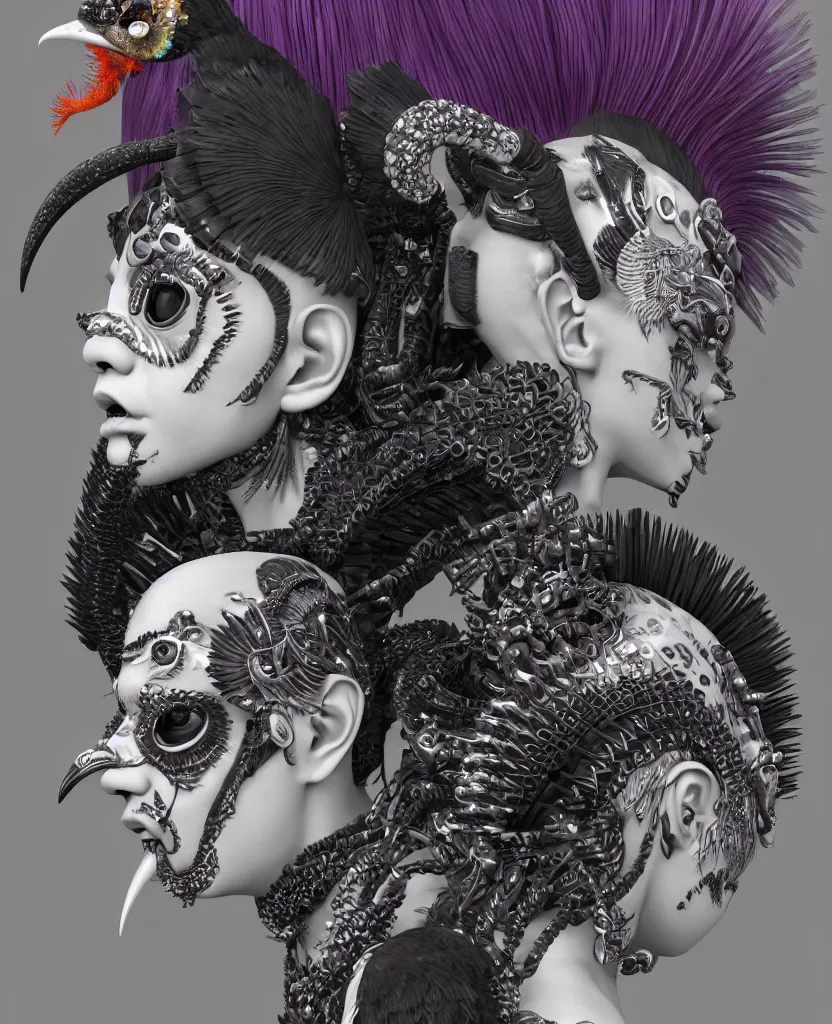 Image similar to 3 d goddess close - up profile portrait punk with mohawk with ram skull. beautiful intricately detailed japanese crow kitsune mask and clasical japanese kimono. betta fish, jellyfish phoenix, bio luminescent, plasma, ice, water, wind, creature, artwork by tooth wu and wlop and beeple and greg rutkowski